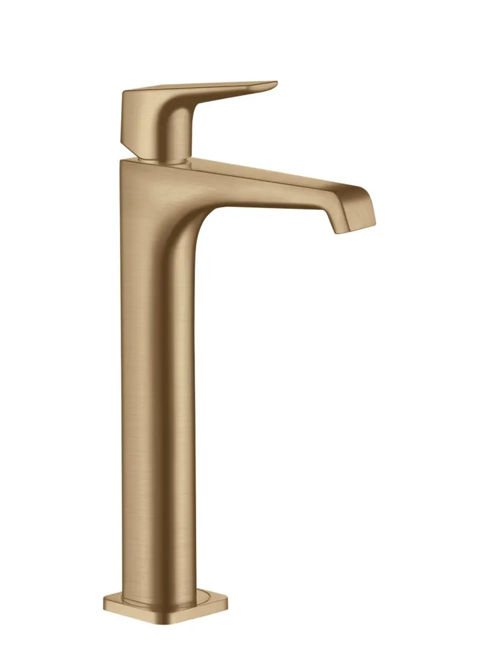 Waschtischmischer von AXOR mit einem hochgestellten Hebelgriff in gebürstetem Bronze-Finish. Geeignet für Aufsatzwaschtische.
